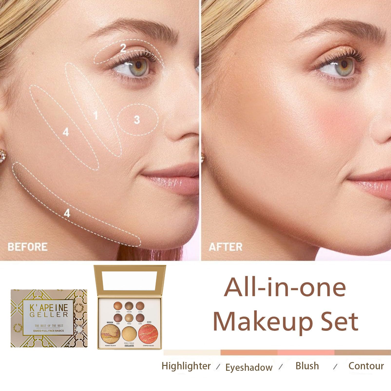 K'APEINE All in One Baked Makeup Palette | 6 Eye Shades, Blush, Bronzer & Highlighter – Neutral Matte & Shimmer Finish