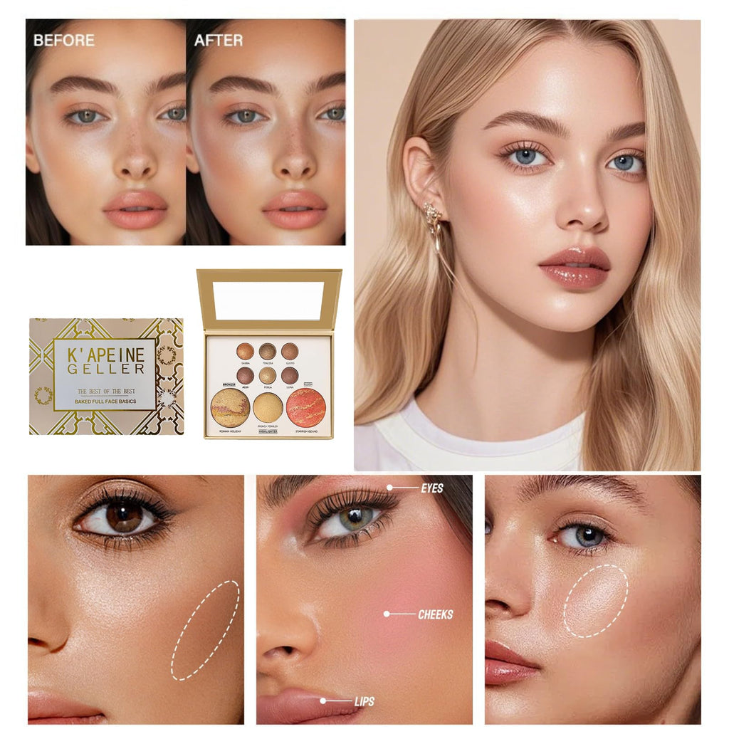 K'APEINE All in One Baked Makeup Palette | 6 Eye Shades, Blush, Bronzer & Highlighter – Neutral Matte & Shimmer Finish