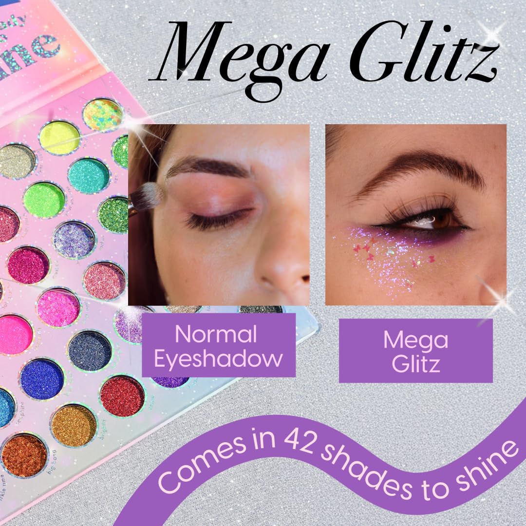 Kara Beauty Mega Glitz Palette – 42 Glitter Shades for Eyes, Face & Body | No Glue Needed