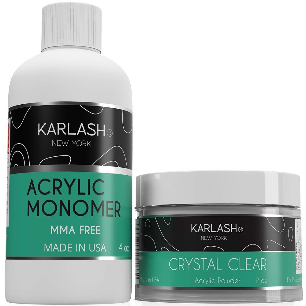 Karlash Professional Acrylic Powder Crystal Clear 2 oz + Acrylic Liquid Monomer 4 oz – MMA-Free, Ultra Shine