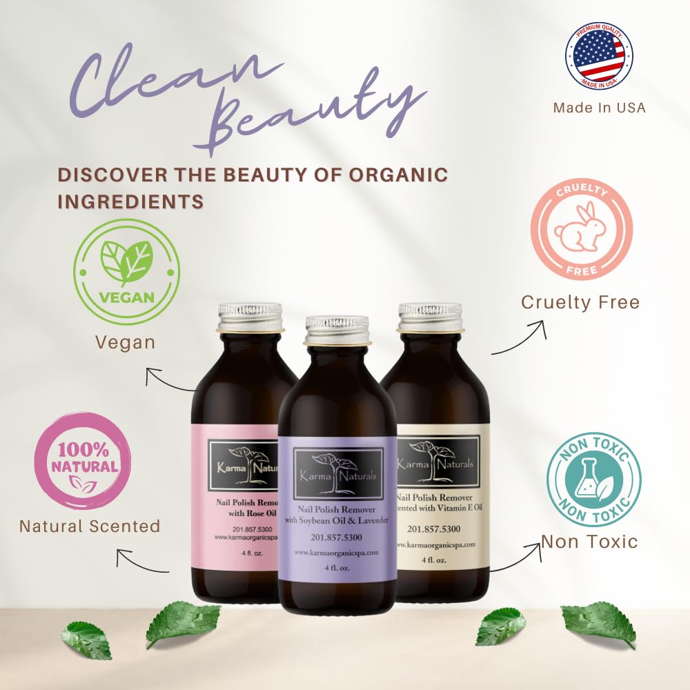 Karma Organic Nail Polish Remover Bundle – Lavender, Rose Oil & Unscented (4 oz each) – Acetone-Free