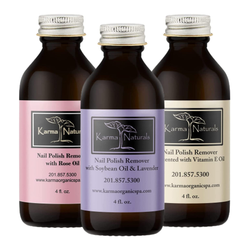 Karma Organic Nail Polish Remover Bundle – Lavender, Rose Oil & Unscented (4 oz each) – Acetone-Free