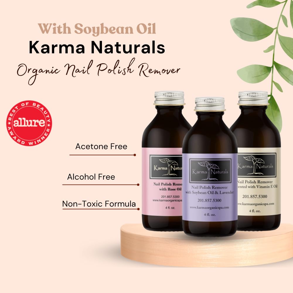 Karma Organic Nail Polish Remover Bundle – Lavender, Rose Oil & Unscented (4 oz each) – Acetone-Free