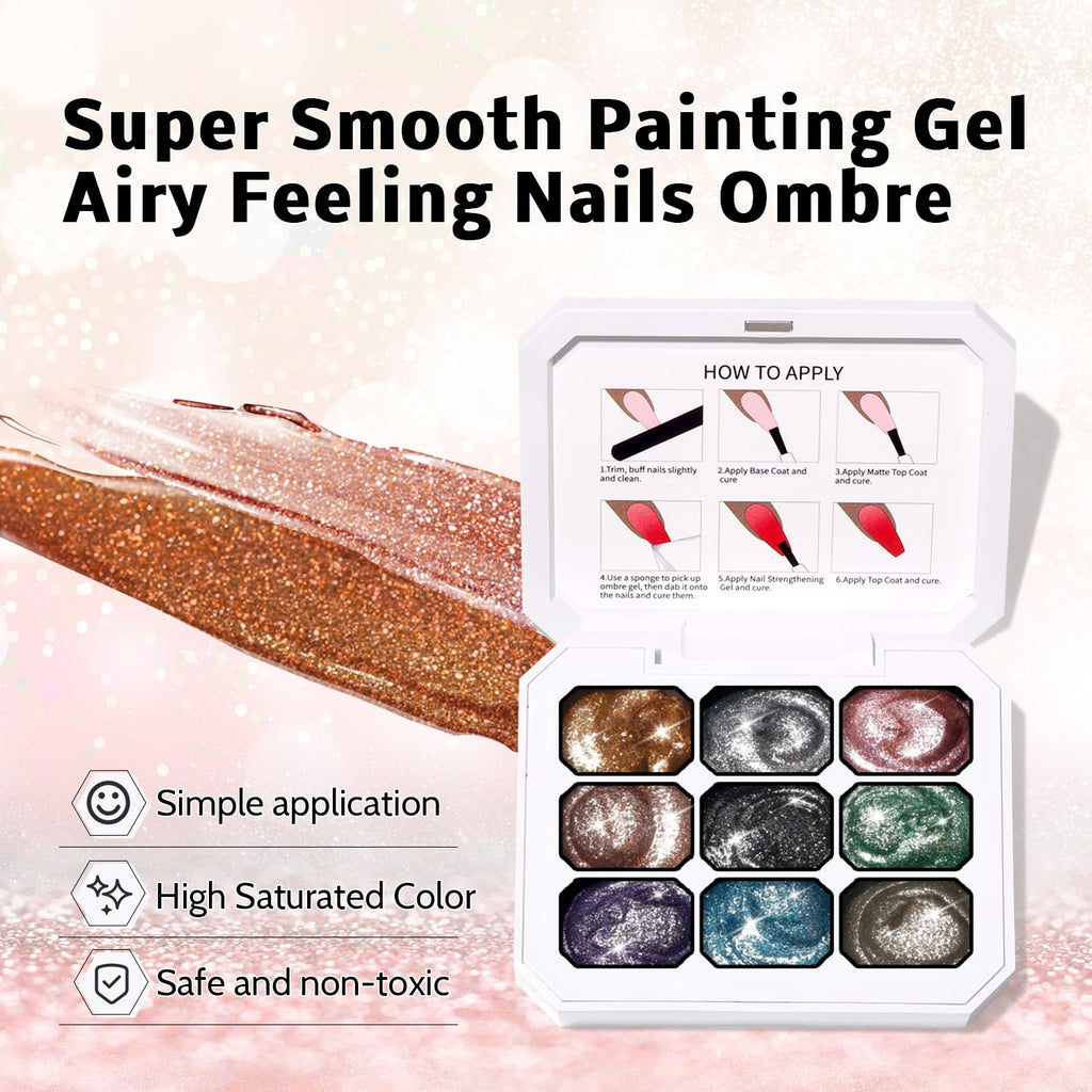 Karroy Sponge Pat Paint Nail Gel - 9-Color Ombre Gradient Kit (No Wipe, UV/LED)