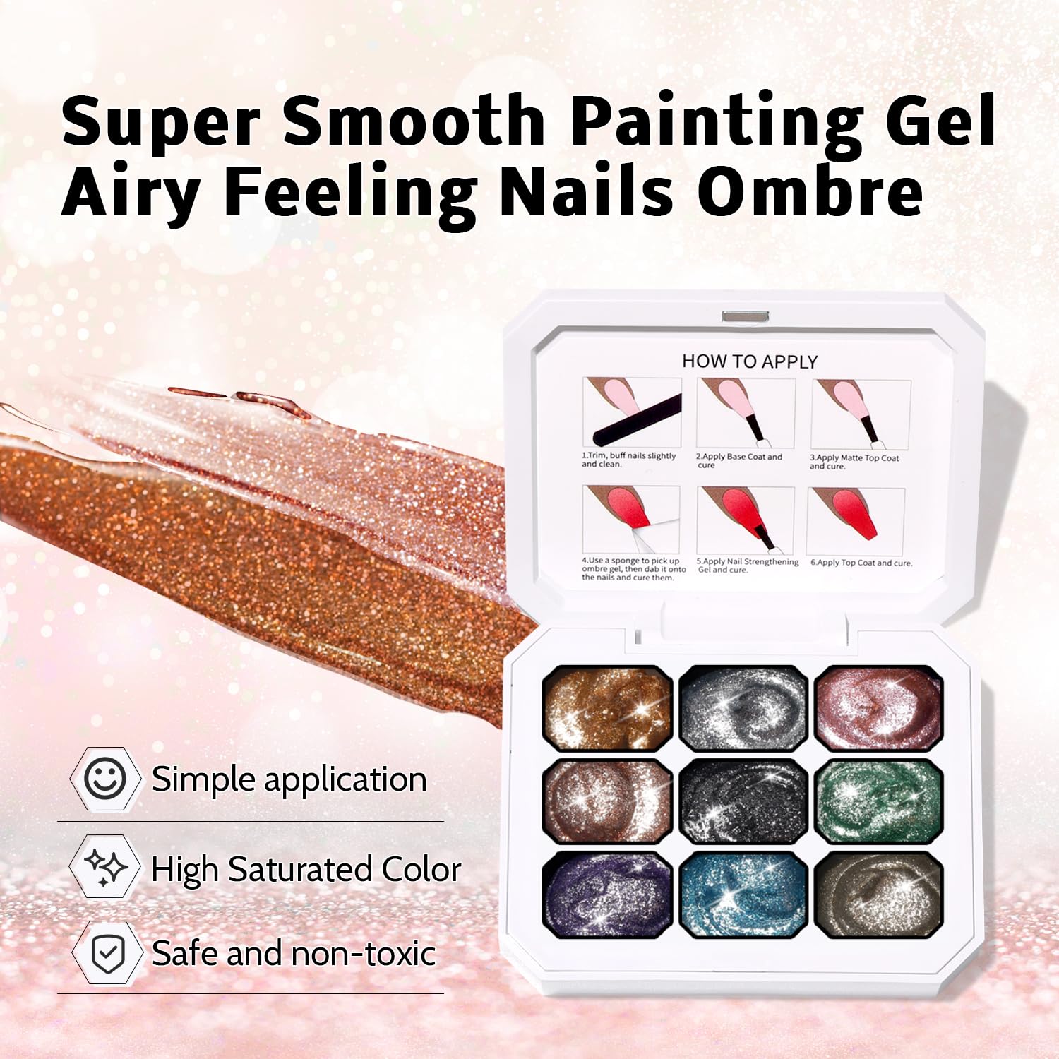 Karroy Sponge Pat Paint Nail Gel - 9-Color Ombre Gradient Kit (No Wipe, UV/LED)