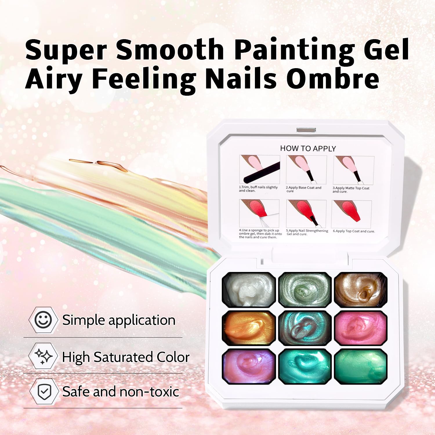 Karroy Sponge Pat Paint Nail Gel No Wipe – Ombre Gradient Nail Art (9 Colors, L)