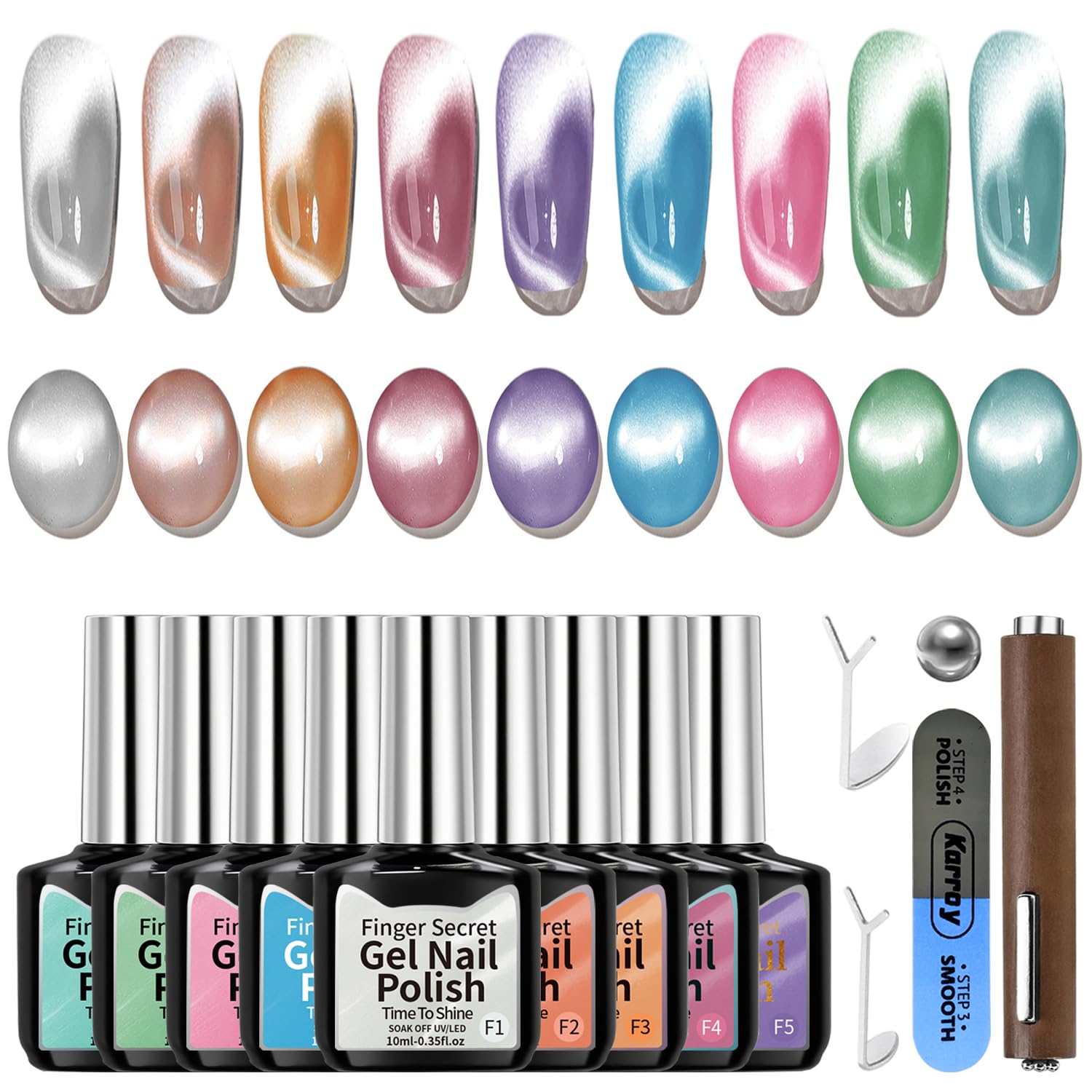 Karroy Cat Eye Gel Nail Polish Set – Magnetic Shimmer Kit, 9 Colors F, Soak-Off UV/LED