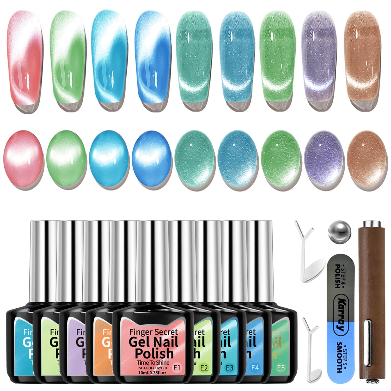 Karroy Cat Eye Gel Nail Polish Kit - 9-Color Magnetic Shimmer, UV/LED Cured