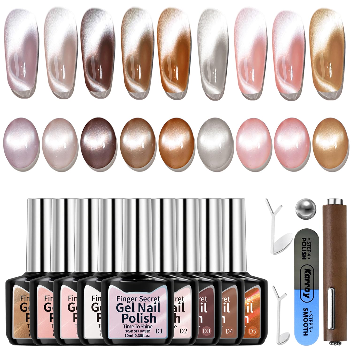 Karroy Cat Eye Gel Nail Polish Kit – Magnetic Shimmer Gel Polish (9 Colors) | Soak-Off, UV/LED Cured