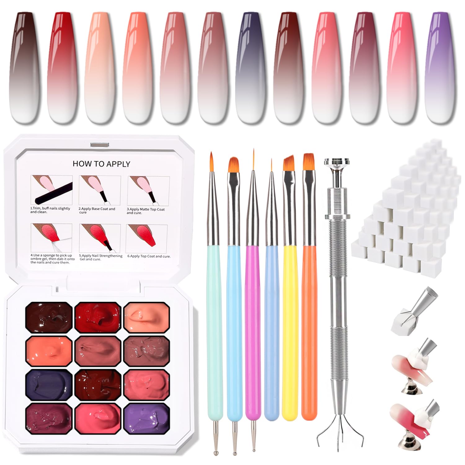 Karroy Christmas Gel Polish Set – 12-Color Ombre Palette with 100 Sponges, 6 Brushes & 1 Grabber