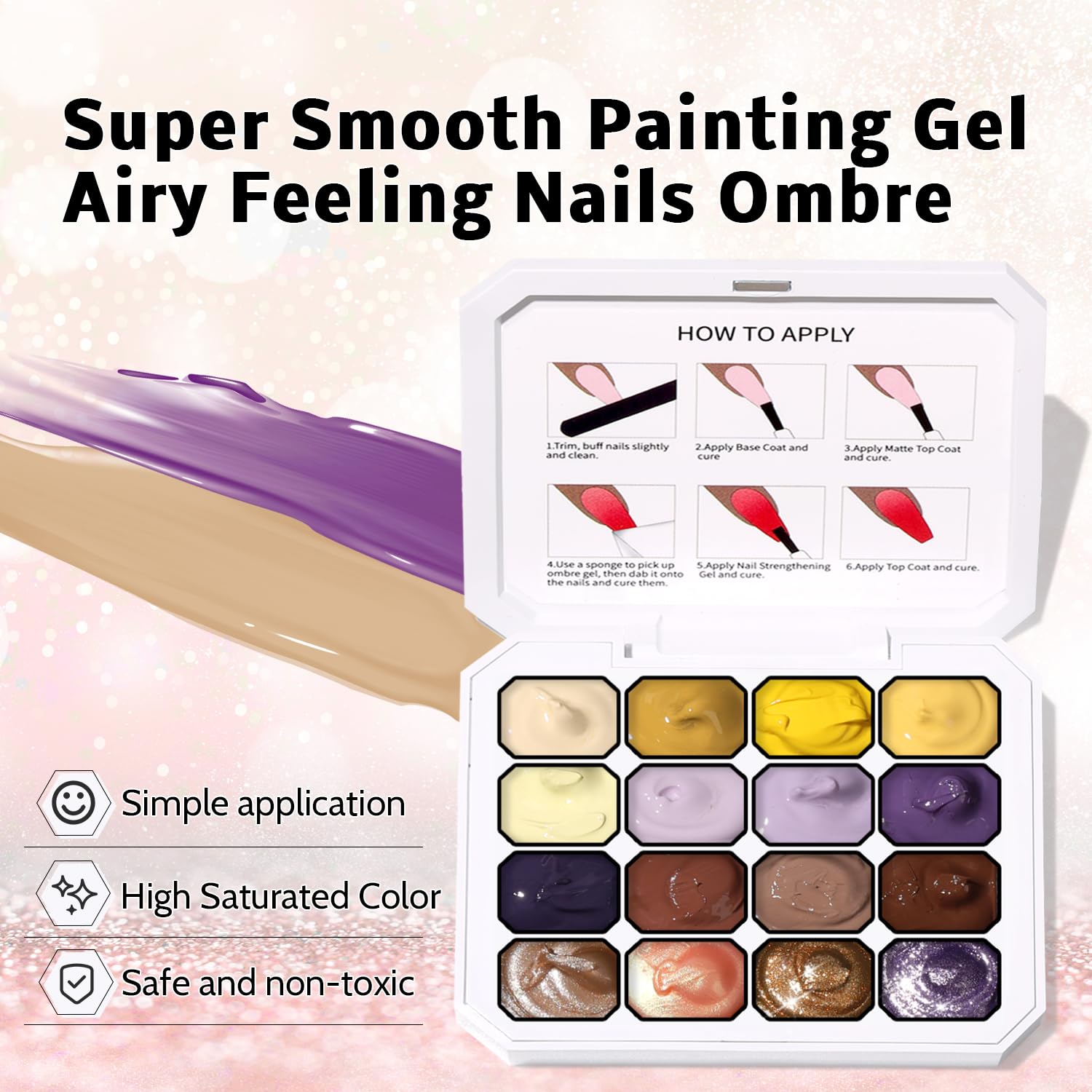 Karroy Sponges Pat Gel Nail Polish Palette – 16-Color Ombre Gradient Gel, No Wipe, UV/LED Cure