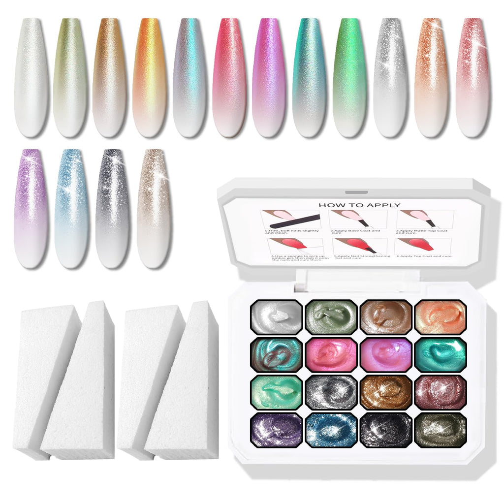 Karroy Glitter Pat Gel Nail Polish Palette – 16 Colors E, Ombre Gradient, No Wipe, UV/LED Cured