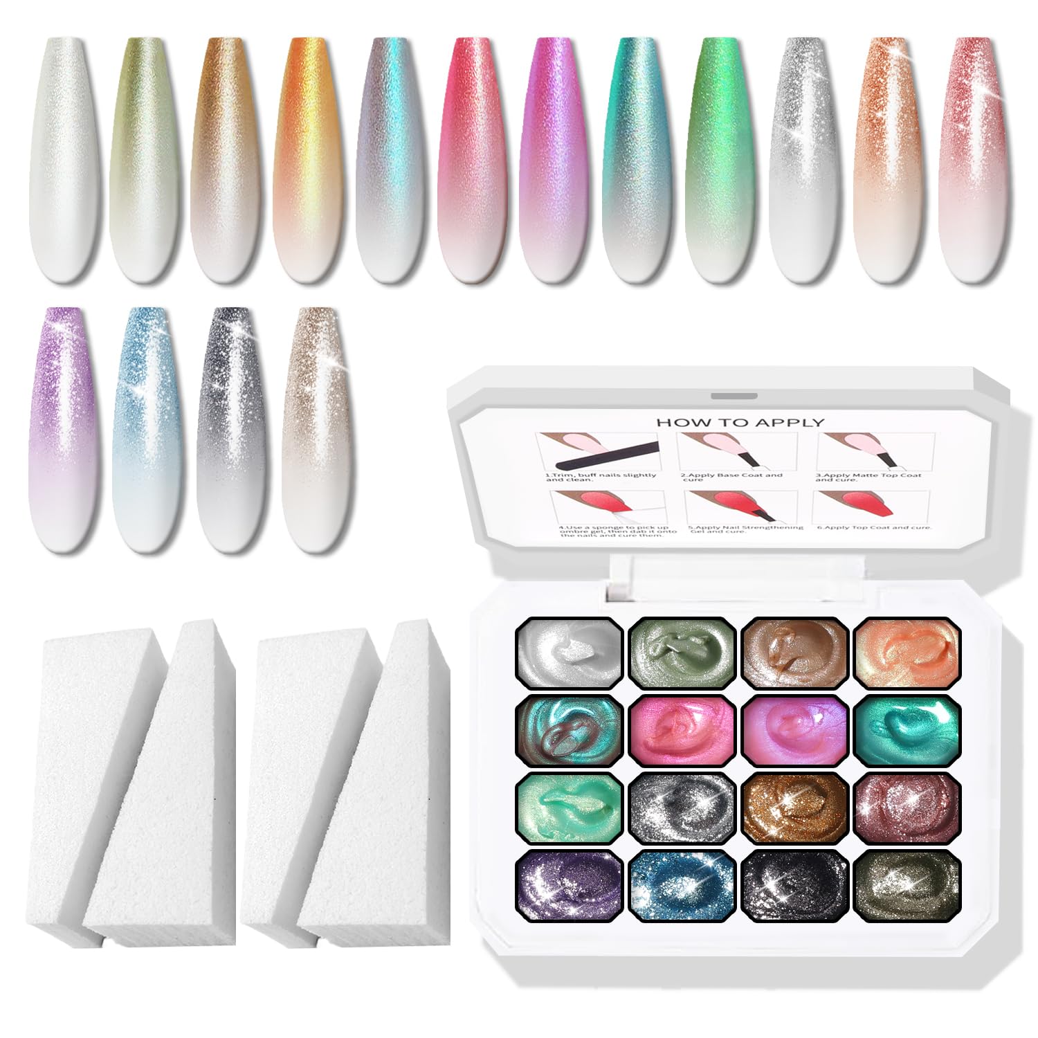Karroy Glitter Pat Gel Nail Polish Palette – 16 Colors E, Ombre Gradient, No Wipe, UV/LED Cured