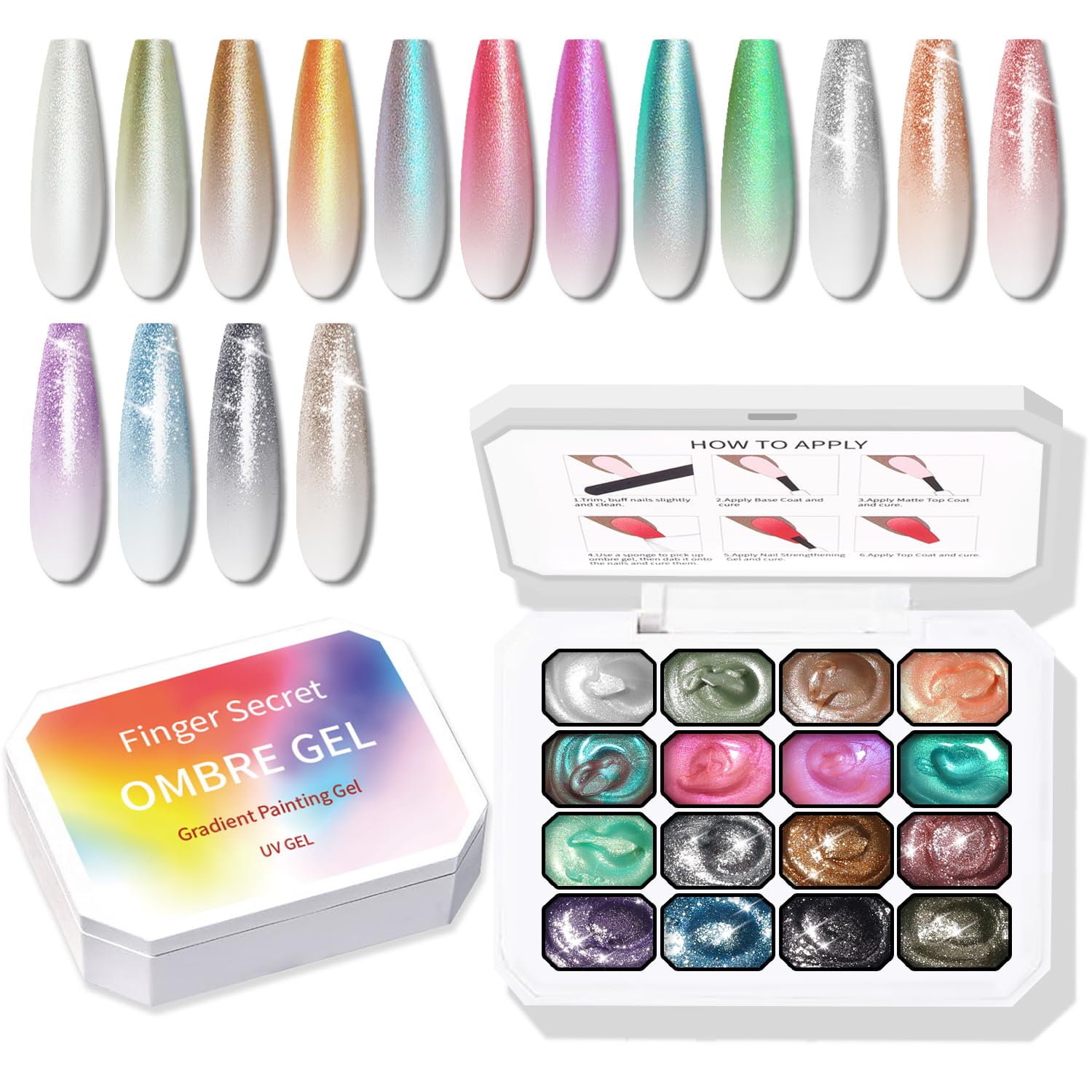 Karroy Glitter Pat Gel Nail Polish Palette – 16 Colors E, Ombre Gradient, No Wipe, UV/LED Cured