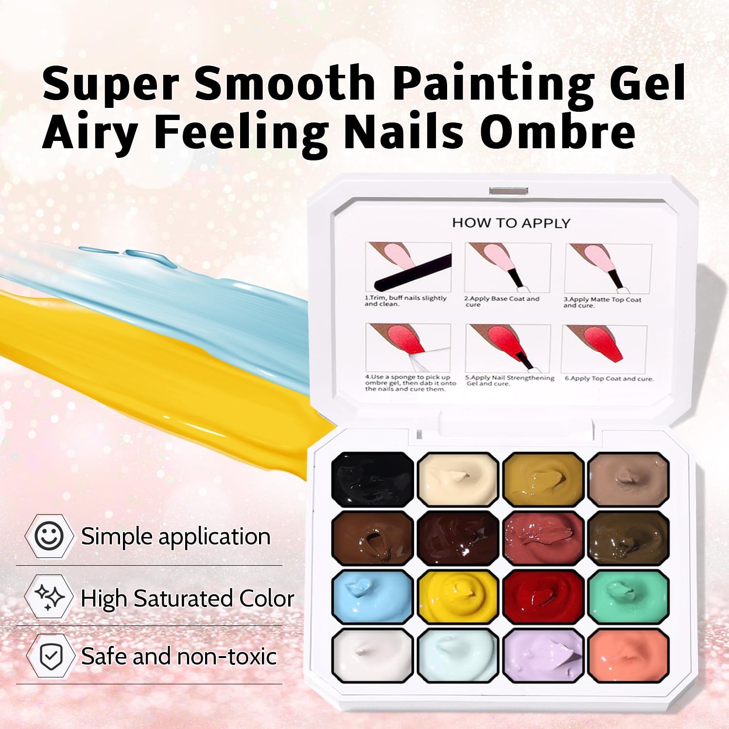 Karroy Sponges Pat Gel Nail Polish Palette – 16-Color Ombre Gel, No-Wipe, UV/LED Cured (16 Colors A)