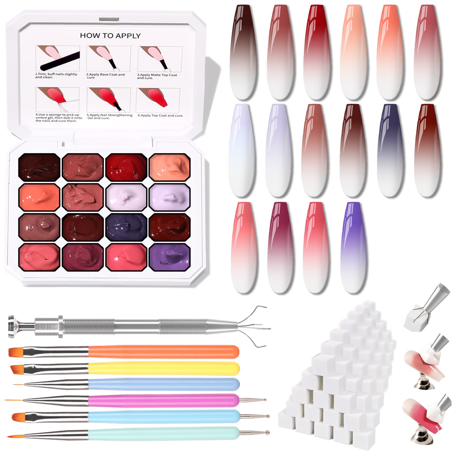 Karroy Sponges Pat Gel Nail Polish Palette Set 06 – 16-Color Ombre Gel Kit