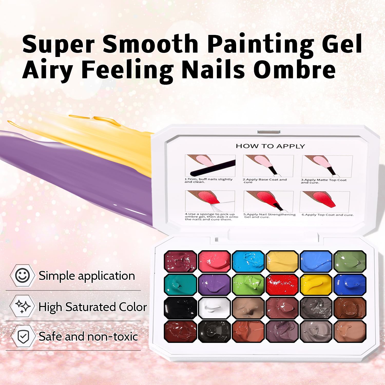 Karroy 24 Colors Sponge Pat Paint Nail Gel Kit — Ombre Nail Art, Floral Design, UV/LED Curing, No Wipe