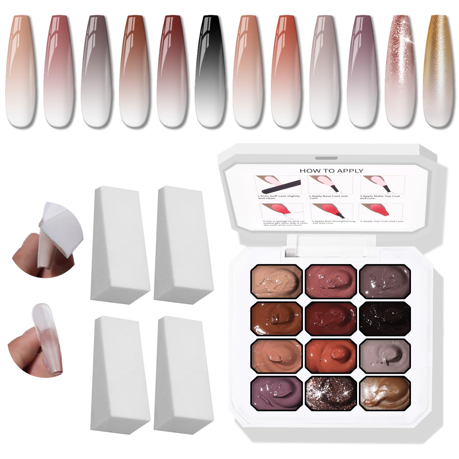 Karroy 12-Color Sponge Pat Gel Nail Polish Palette – Ombre Gradient Gel Nails