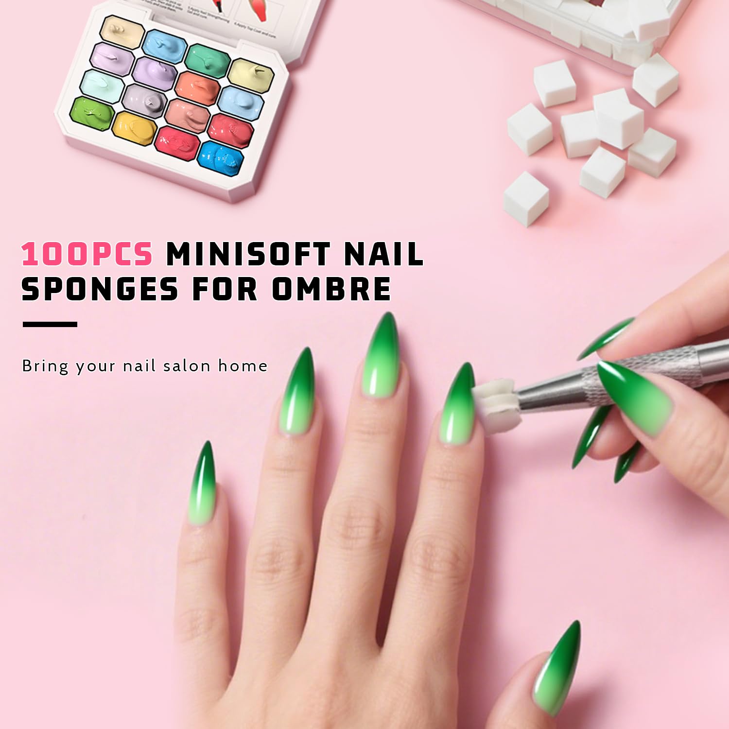 Karroy Sponges Pat Gel Nail Polish Palette – 16-Color Ombre Gel Set (No-Wipe) UV/LED, 100 Sponges, 6 Brushes