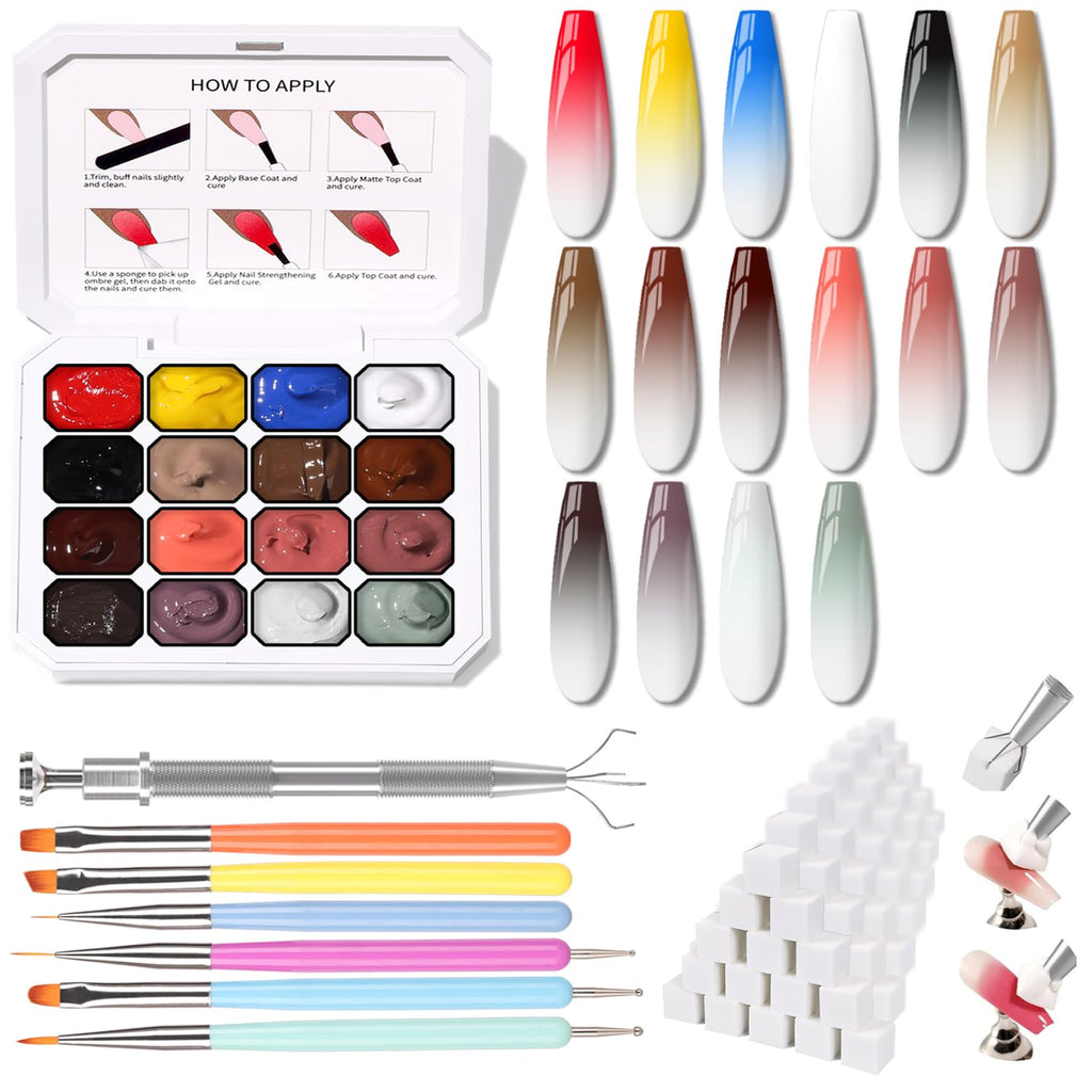 Karroy Sponges Pat Gel Nail Palette Set 03 — 16-Color Ombre Gel System (No Wipe)