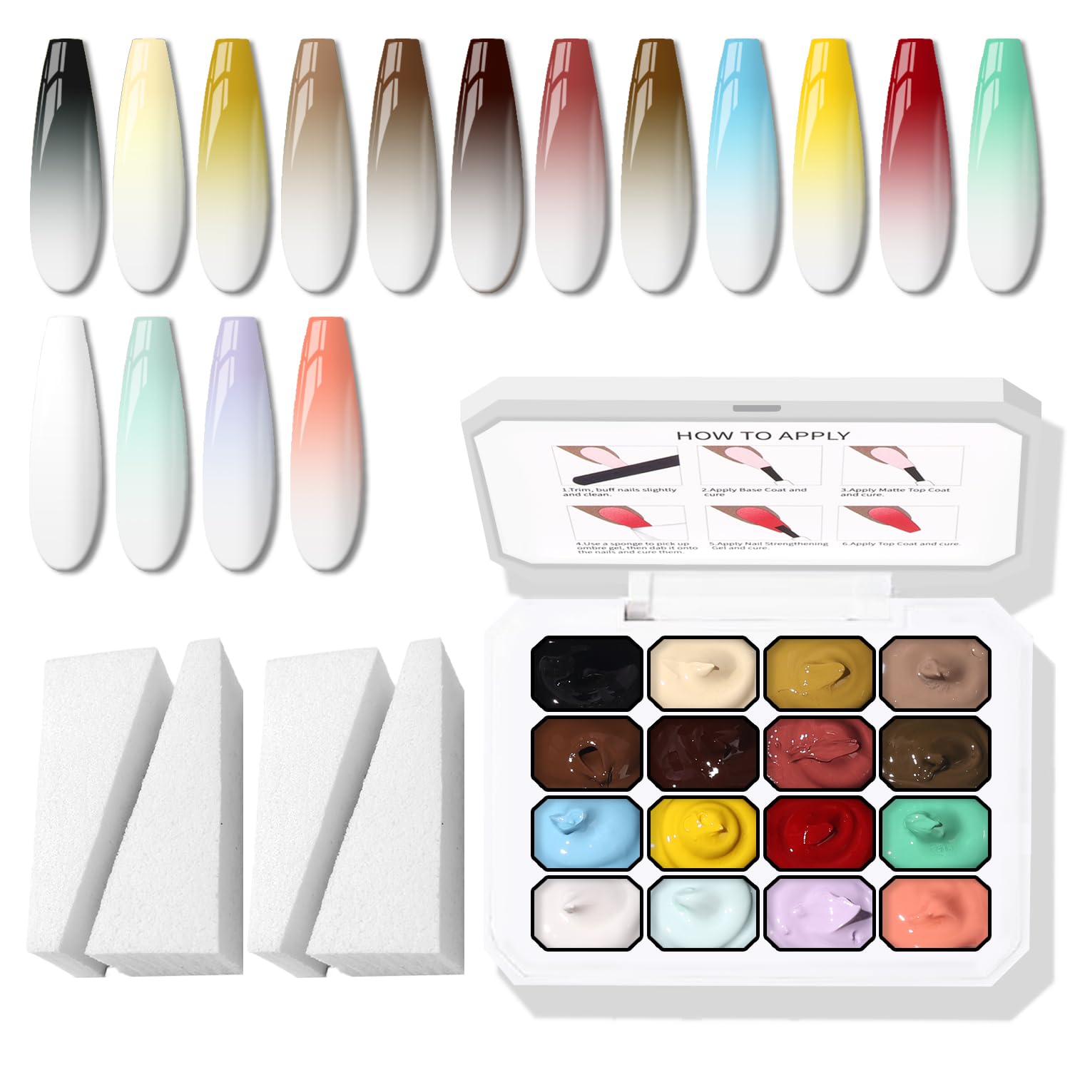 Karroy Sponges Pat Gel Nail Polish Palette – 16-Color Ombre Gel, No-Wipe, UV/LED Cured (16 Colors A)