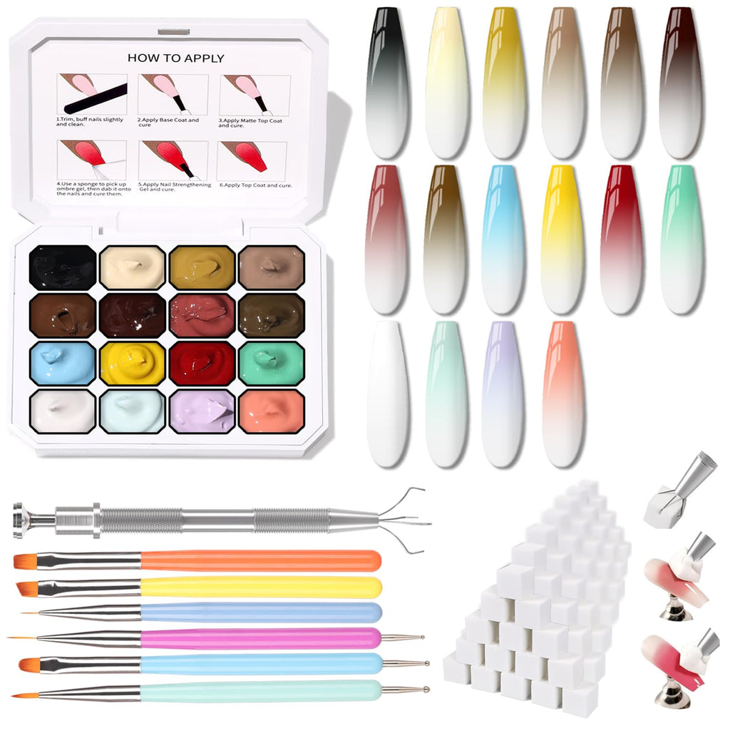 Karroy Sponges Pat Gel Nail Polish Palette – 16-Color Ombre Gel Set (100 Sponges, 6 Brushes, Grabber)