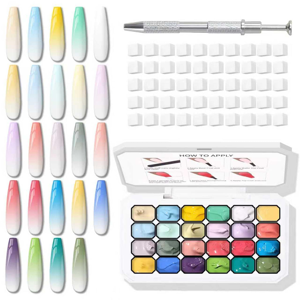 Karroy Sponges Pat Gel Nail Polish Palette – 24-Color Ombre Kit (No Wipe, UV/LED Cure)