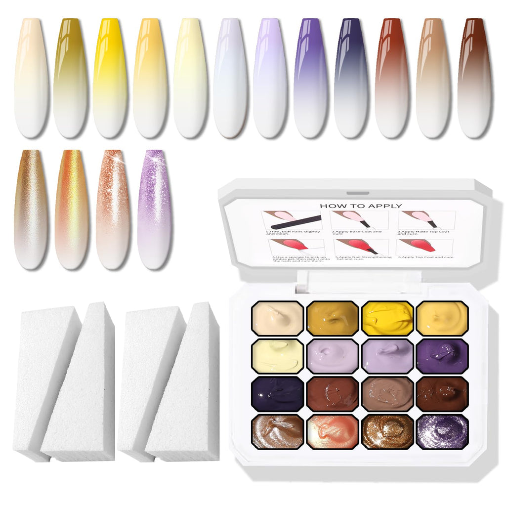 Karroy Sponges Pat Gel Nail Polish Palette – 16-Color Ombre Gradient Gel, No Wipe, UV/LED Cure