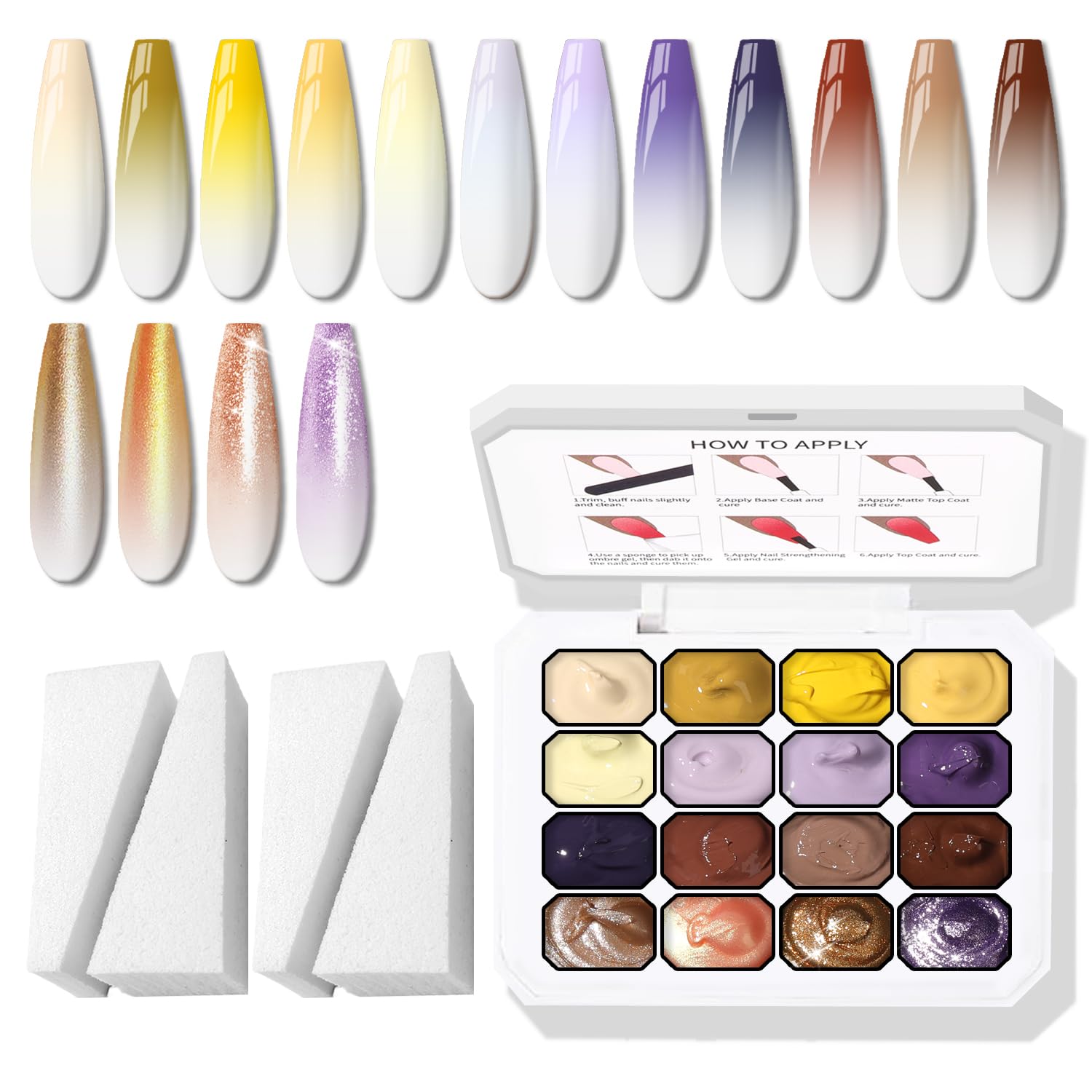 Karroy Sponges Pat Gel Nail Polish Palette – 16-Color Ombre Gradient Gel, No Wipe, UV/LED Cure