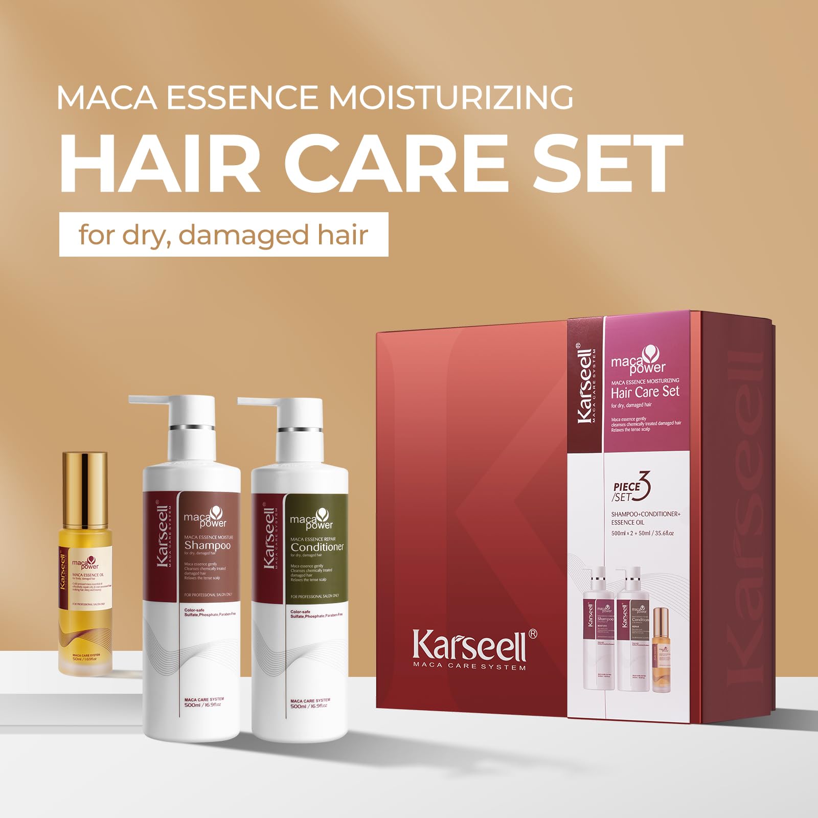 Karseell Collagen Hair Treatment Set – Shampoo, Conditioner & Hair Oil for Dry, Damaged Hair | All Hair Types | 2x16.9oz + 1.69oz