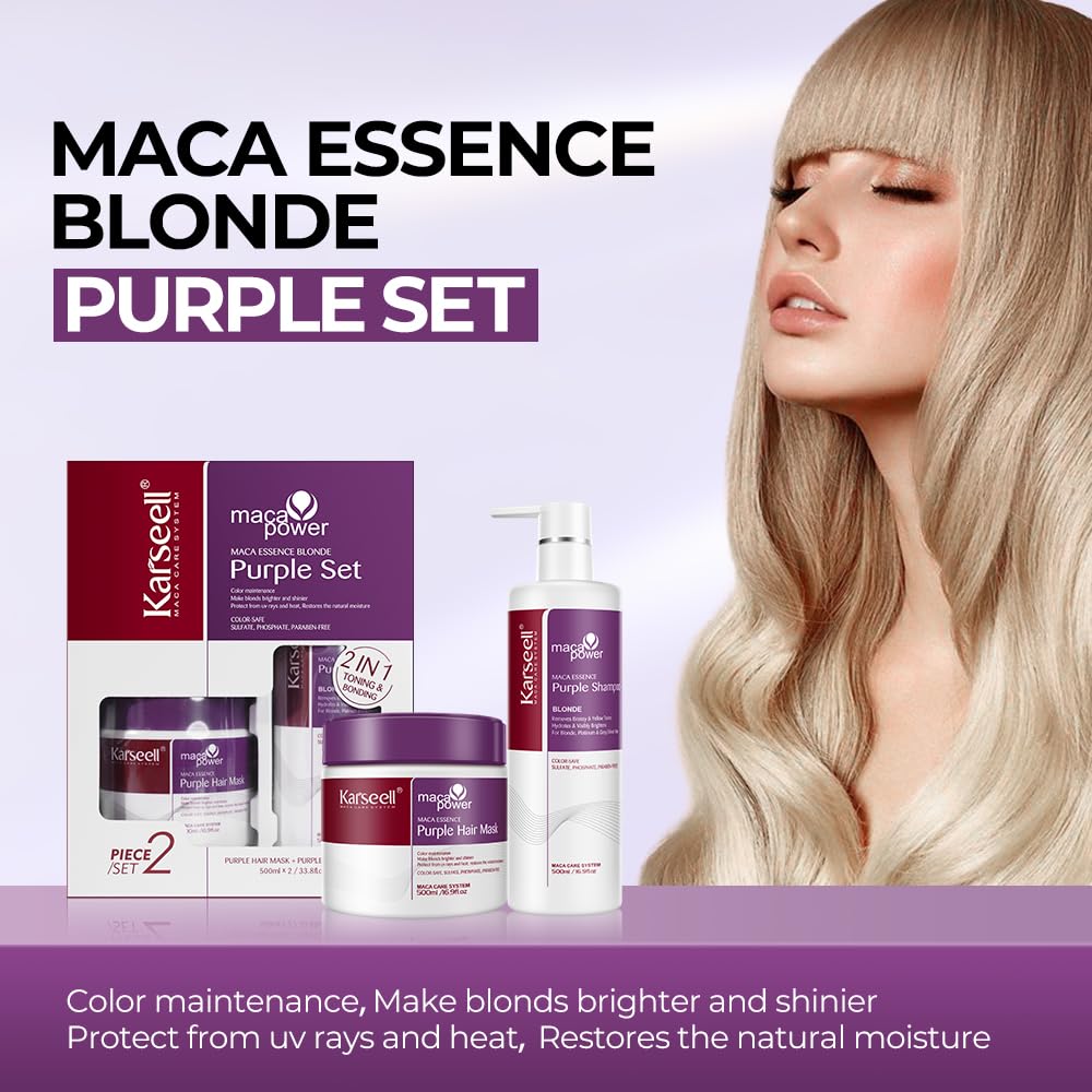 Karseell Maca Power Purple Hair Mask & Purple Shampoo Set – Neutralizes Brass for Blonde, Gray & Silver Hair