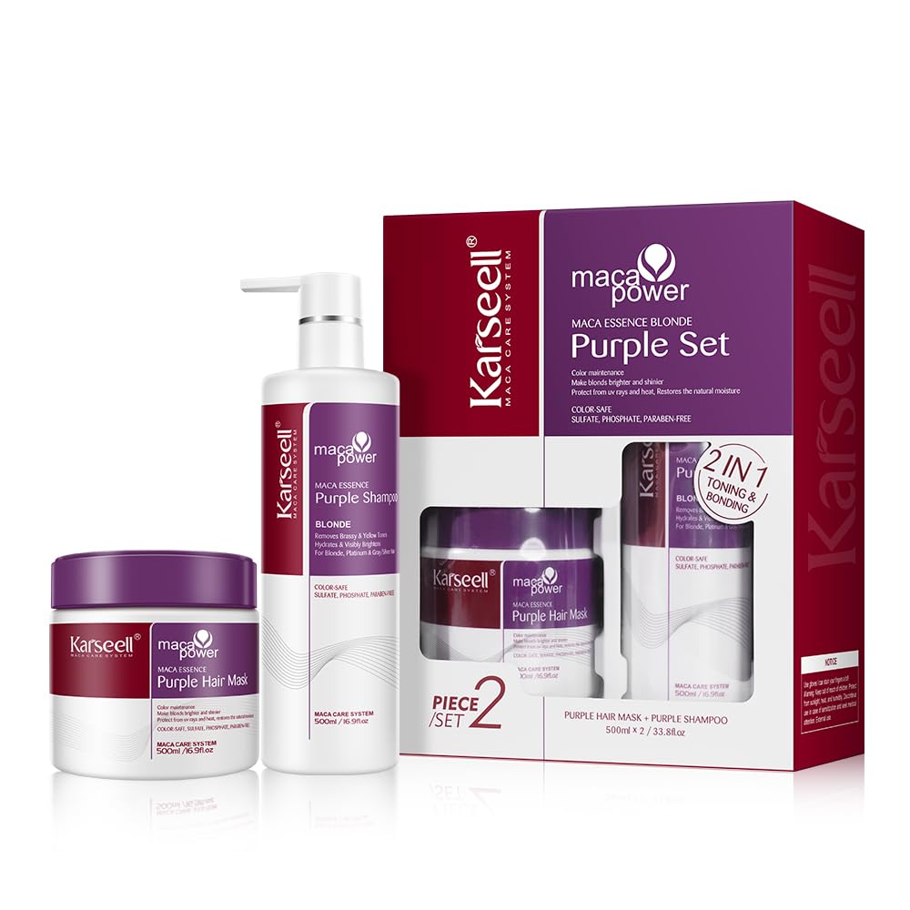 Karseell Maca Power Purple Hair Mask & Purple Shampoo Set – Neutralizes Brass for Blonde, Gray & Silver Hair