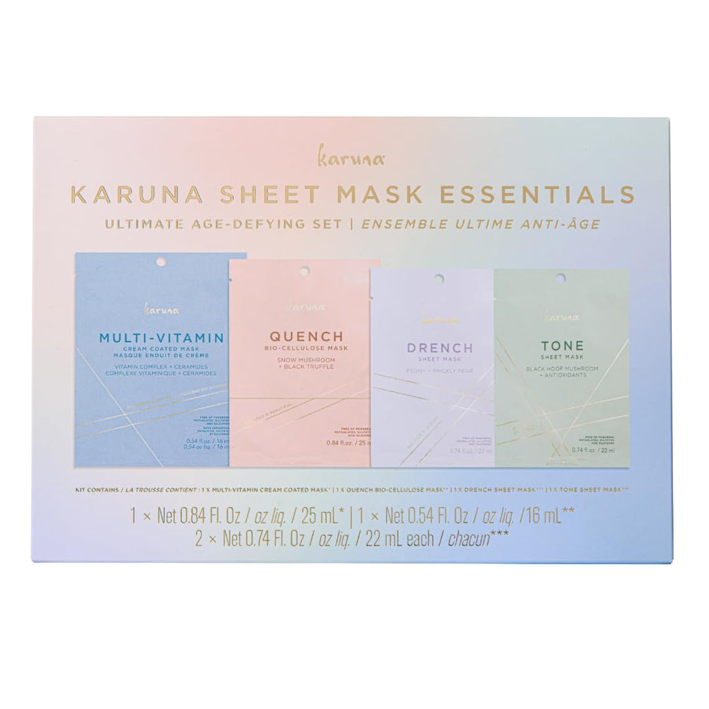 Karuna Ultimate Age-Defying Sheet Mask Essentials Set – 4-Pack (Drench, Tone, Quench, Multi-Vitamin)