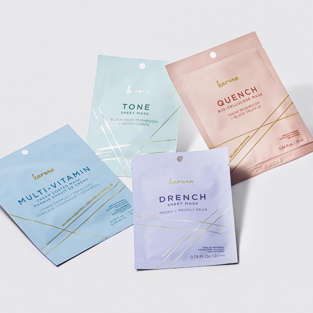 Karuna Ultimate Age-Defying Sheet Mask Essentials Set – 4-Pack (Drench, Tone, Quench, Multi-Vitamin)