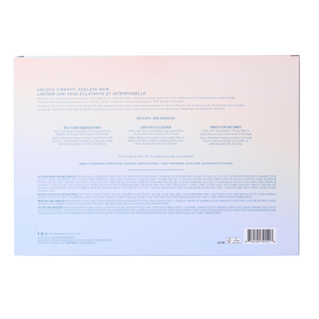 Karuna Ultimate Age-Defying Sheet Mask Essentials Set – 4-Pack (Drench, Tone, Quench, Multi-Vitamin)