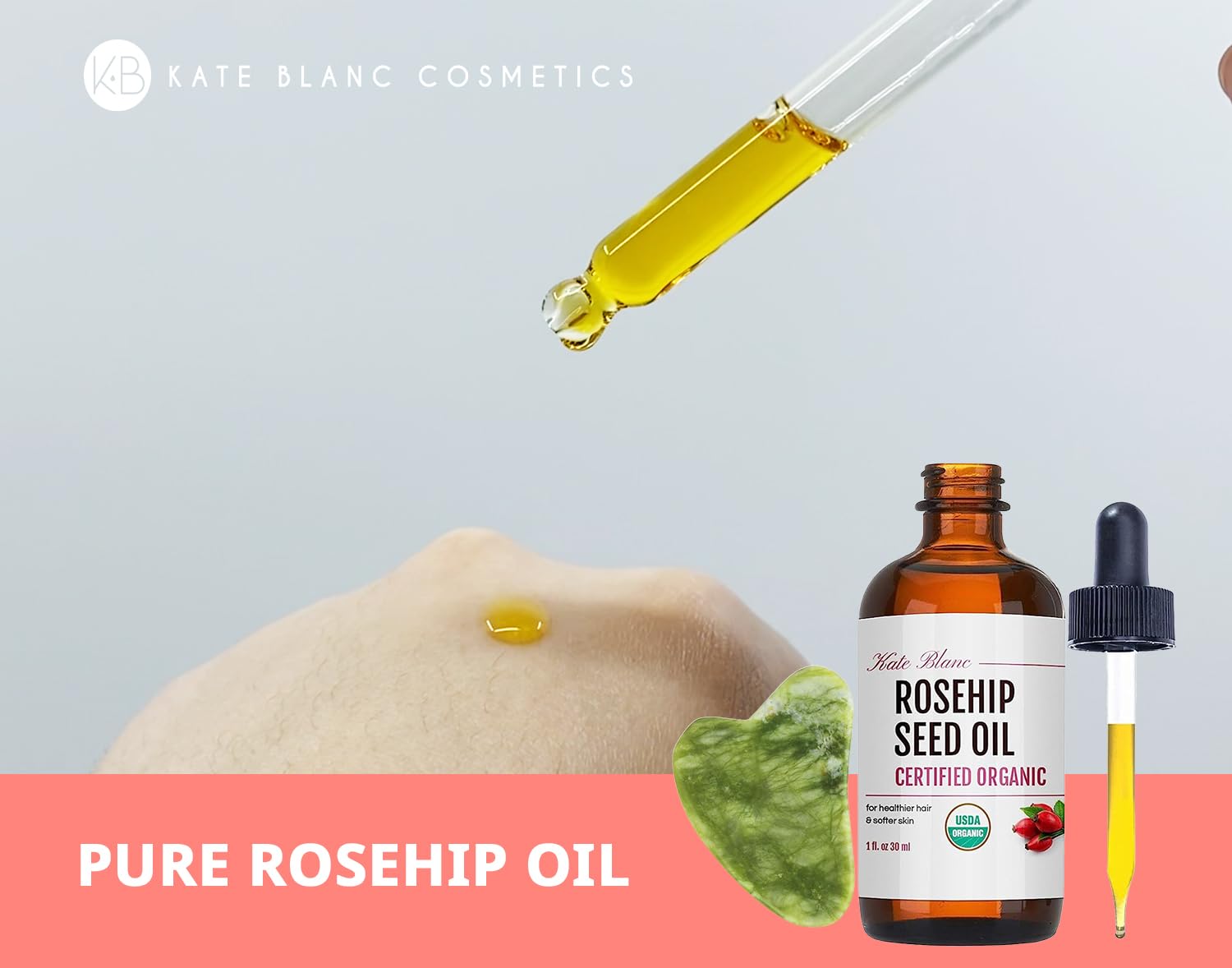 Kate Blanc Cosmetics Rosehip Oil + Jade Gua Sha Stone | Organic Cold-Pressed 1oz