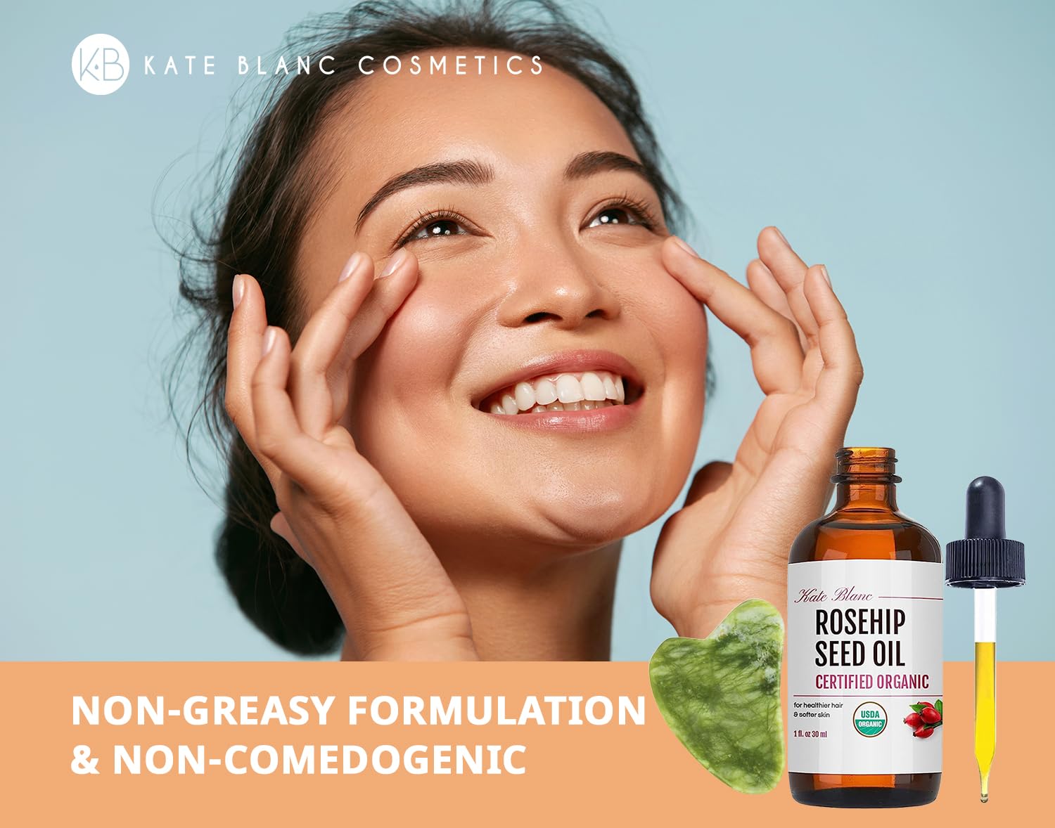 Kate Blanc Cosmetics Rosehip Oil + Jade Gua Sha Stone | Organic Cold-Pressed 1oz