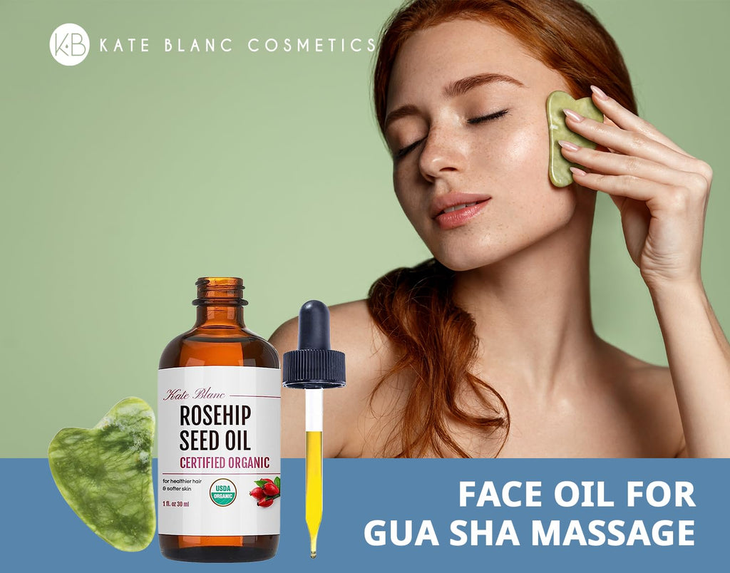 Kate Blanc Cosmetics Rosehip Oil + Jade Gua Sha Stone | Organic Cold-Pressed 1oz
