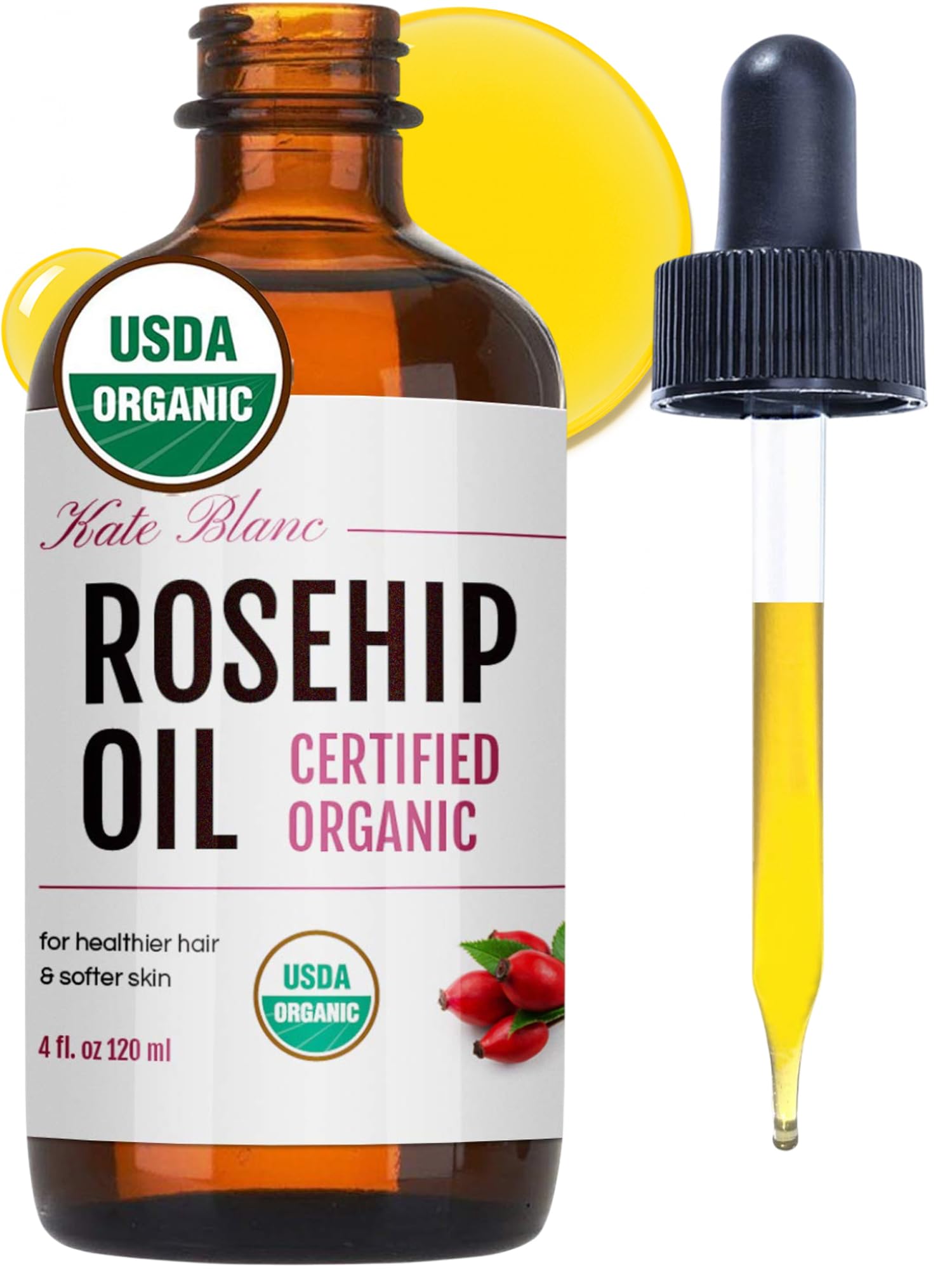 Kate Blanc Rosehip Oil for Face & Skin – Organic Cold-Pressed 4oz | Hydrating Facial Oil