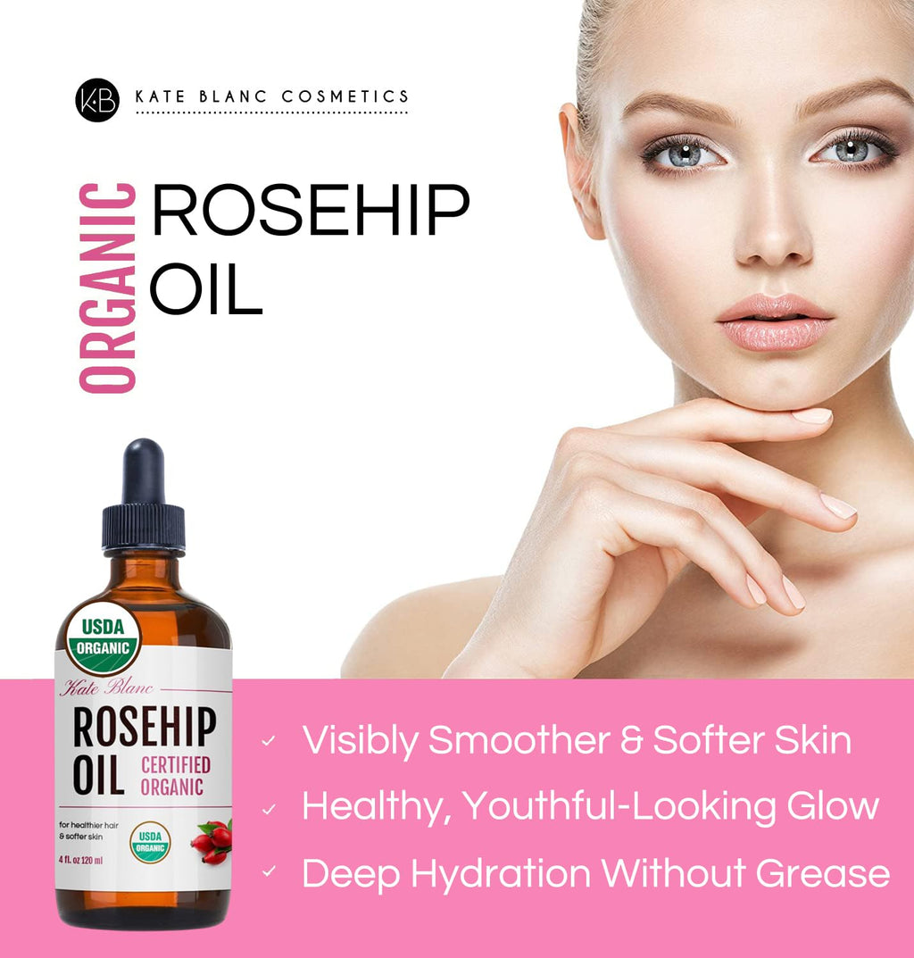 Kate Blanc Rosehip Oil for Face & Skin – Organic Cold-Pressed 4oz | Hydrating Facial Oil