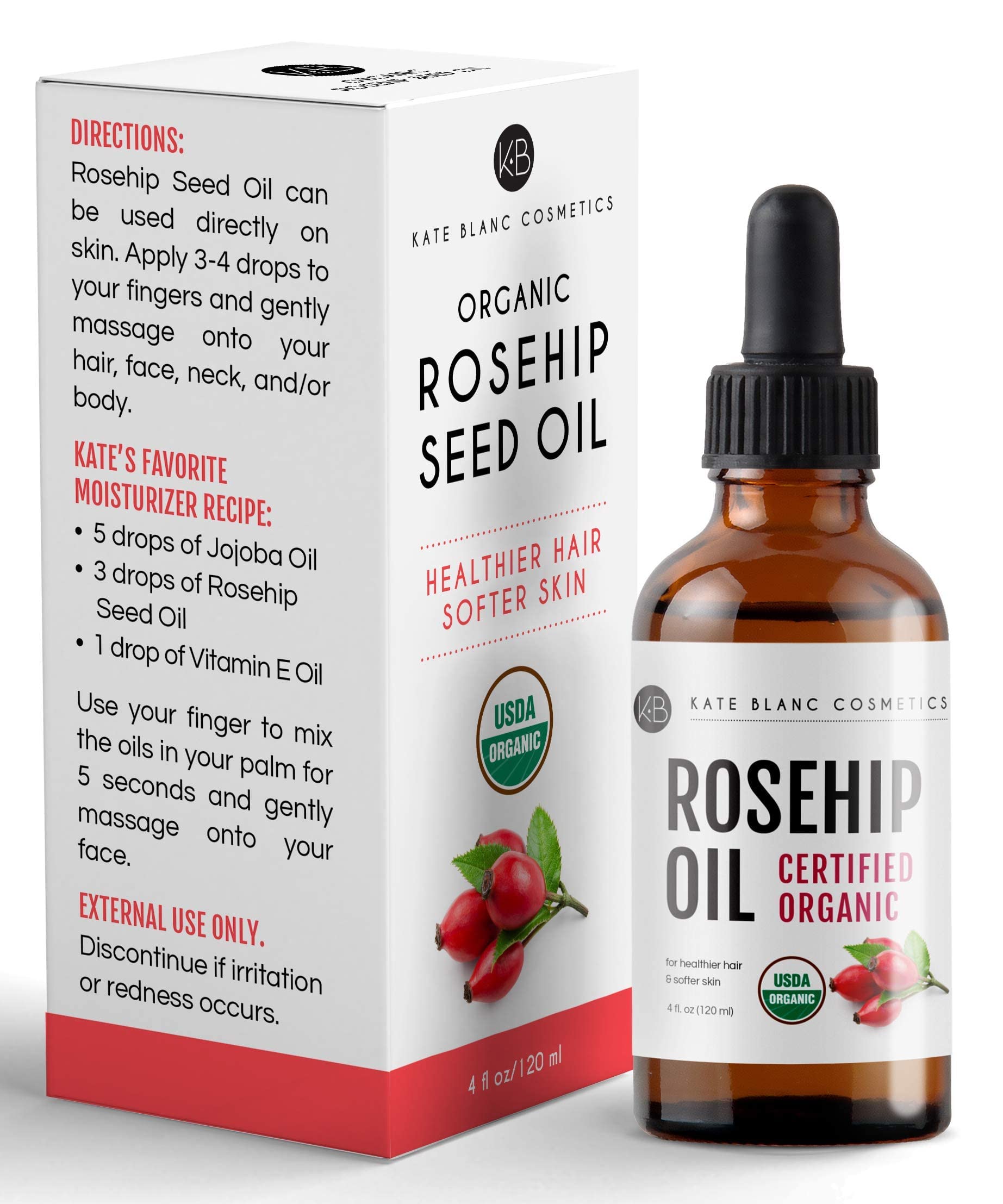 Kate Blanc Rosehip Oil for Face & Skin – Organic Cold-Pressed 4oz | Hydrating Facial Oil