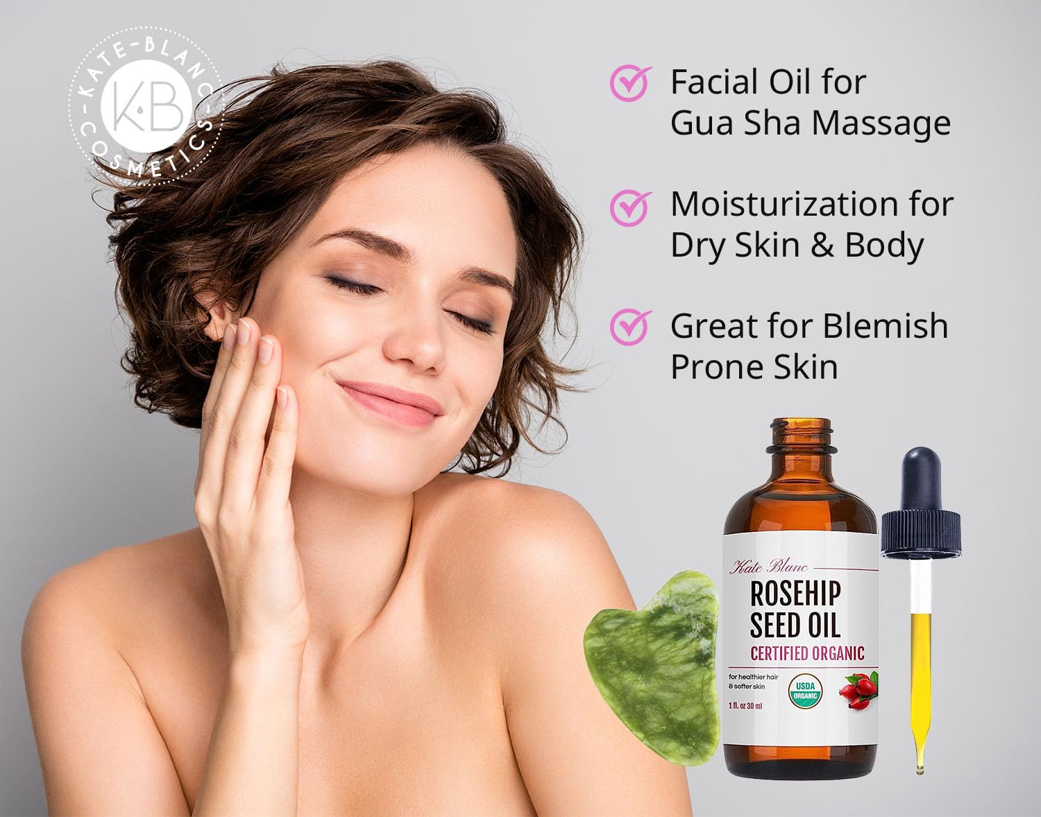 Kate Blanc Cosmetics Rosehip Oil + Jade Gua Sha Stone | Organic Cold-Pressed 1oz
