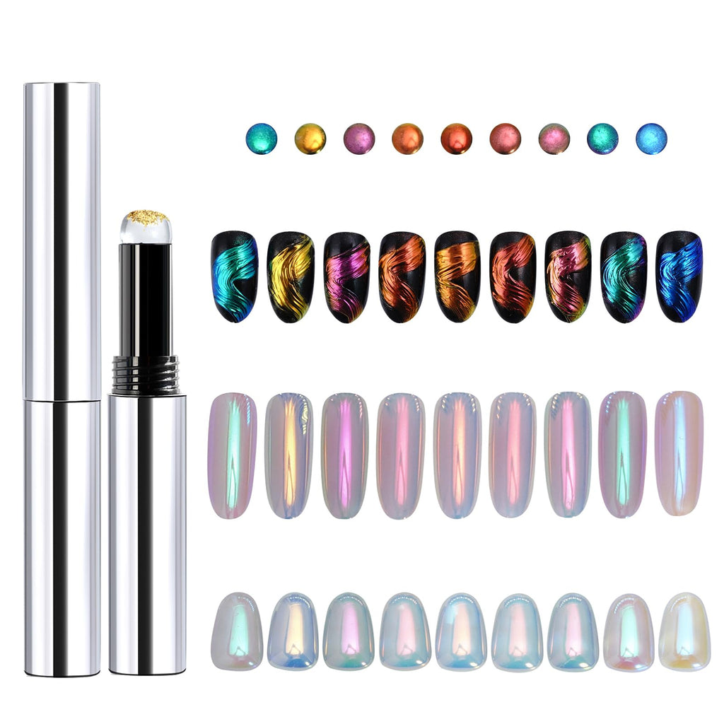 Katfan Holographic Chrome Nail Powder Set — 9 Colors, Aurora & Chameleon Effects, Silicone Brush Included