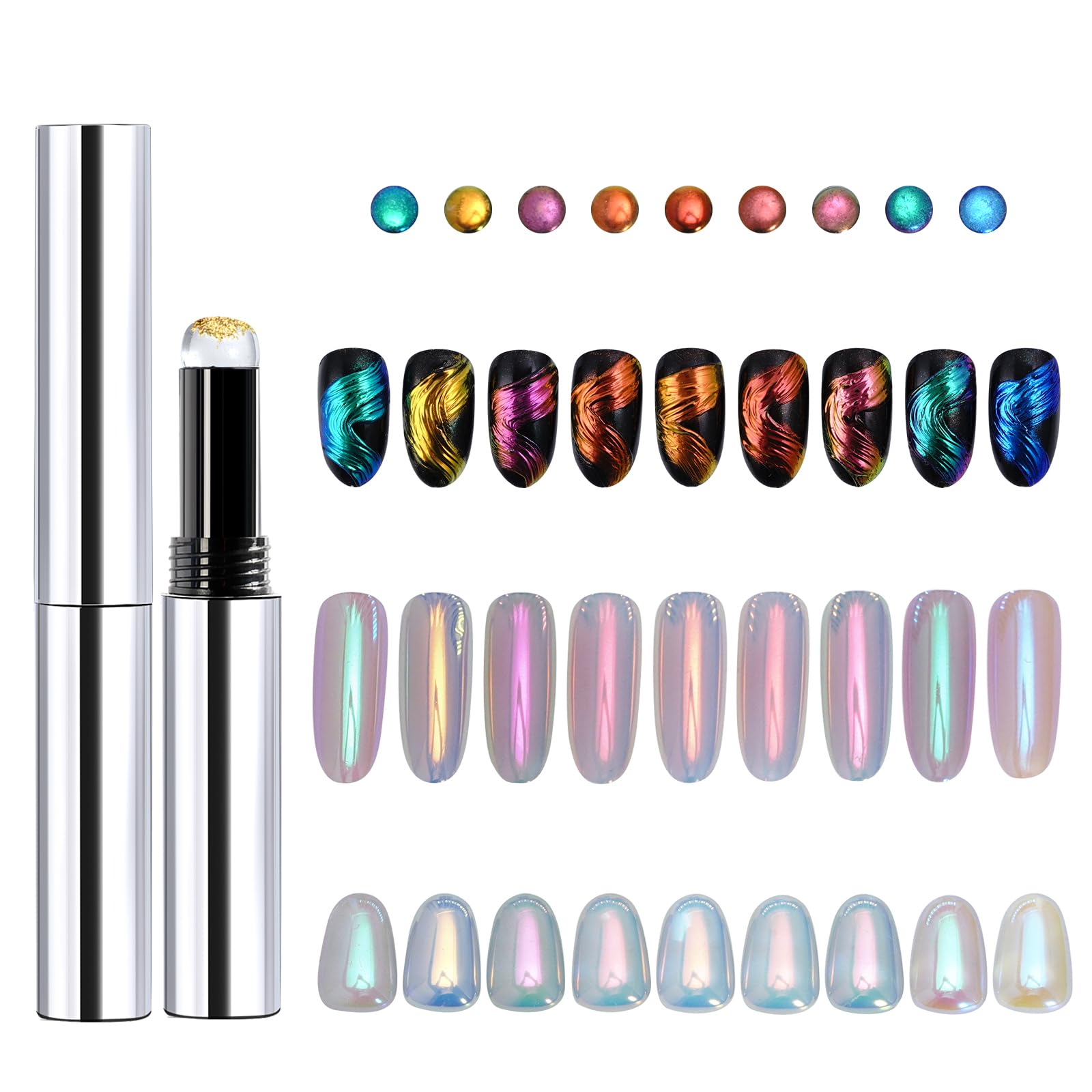 Katfan Holographic Chrome Nail Powder Set — 9 Colors, Aurora & Chameleon Effects, Silicone Brush Included