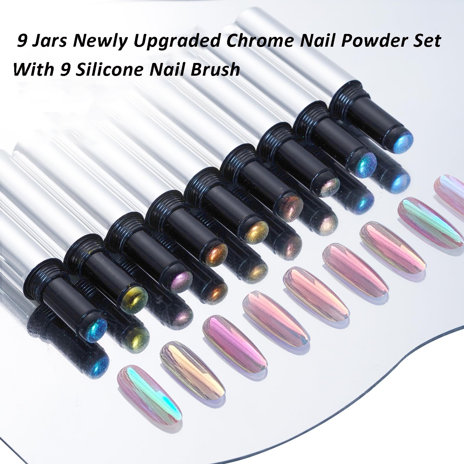 Katfan Holographic Chrome Nail Powder Set — 9 Colors, Aurora & Chameleon Effects, Silicone Brush Included