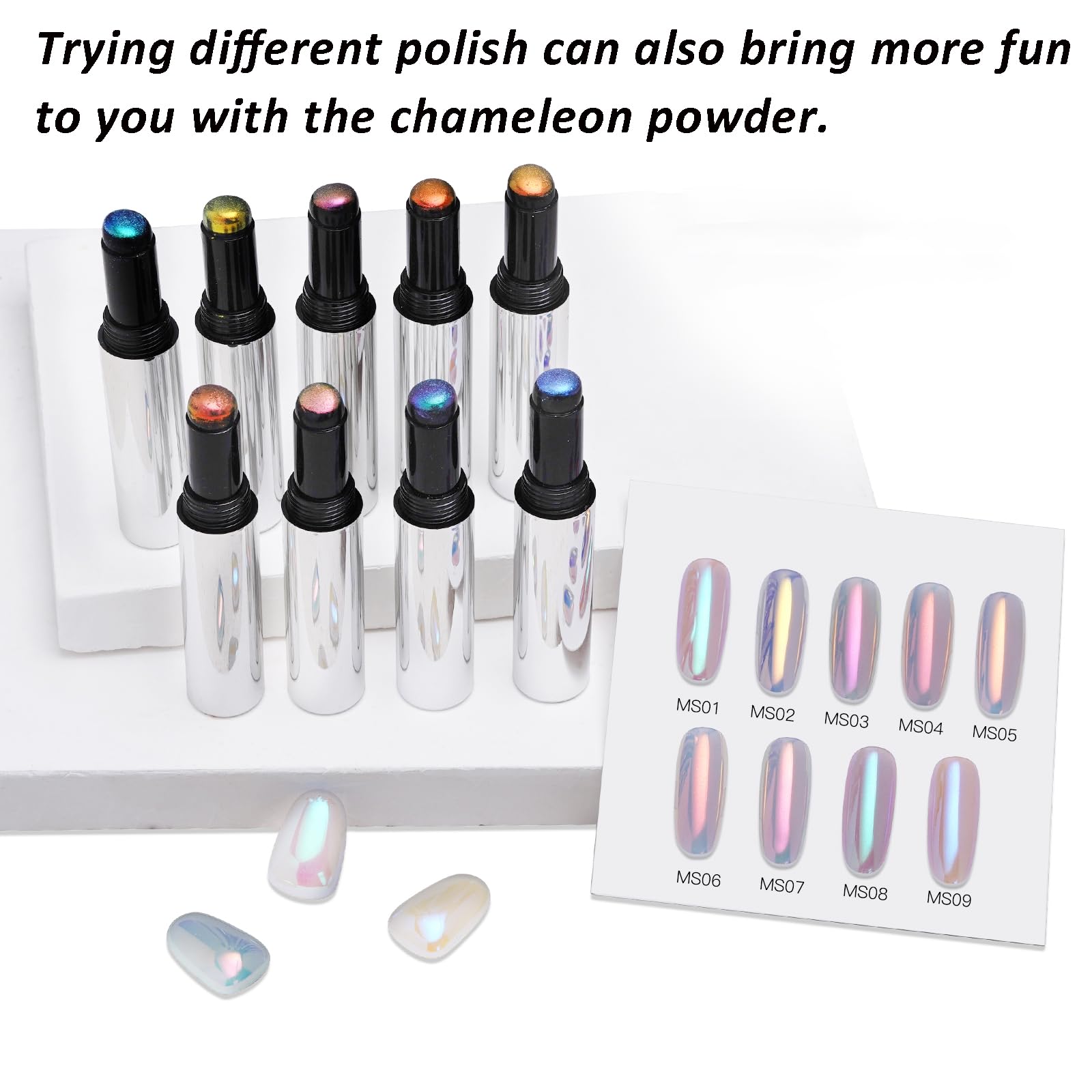 Katfan Holographic Chrome Nail Powder Set — 9 Colors, Aurora & Chameleon Effects, Silicone Brush Included