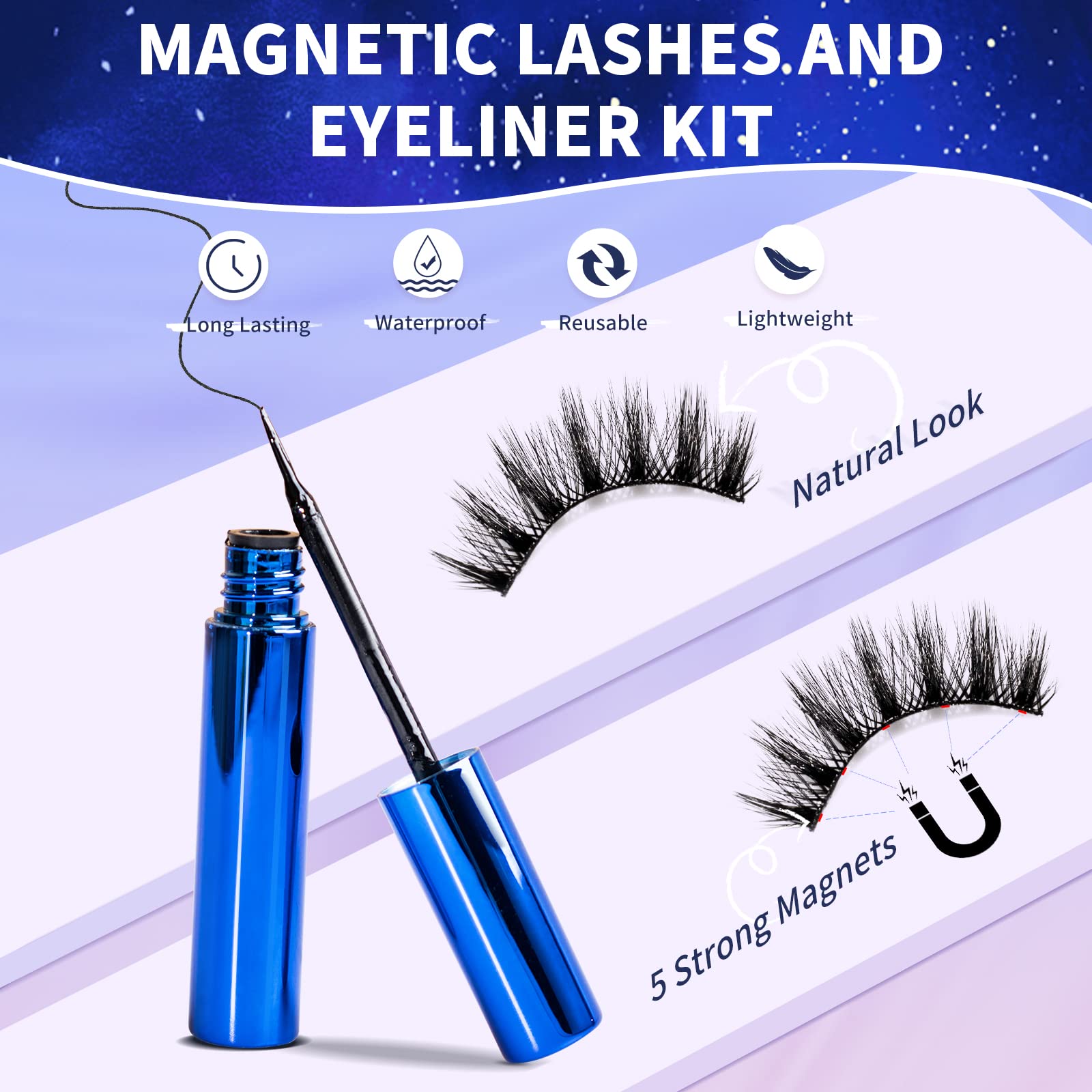 KATGE Magnetic Eyelashes & Eyeliner Kit — 3D Natural Look, No Glue, Reusable (7 Pairs)