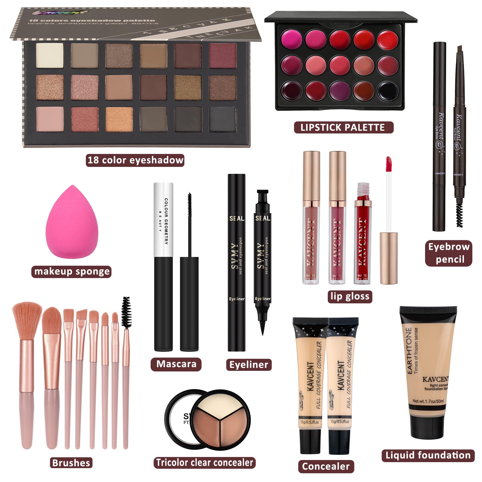 KAVCENT All-in-One Makeup Set for Women – Complete Starter Kit (Eyeshadow Palette, Lip Gloss, Foundation, Mascara)