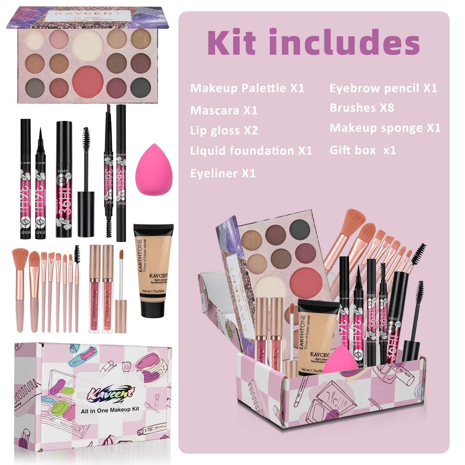 KAVCENT All-in-One Makeup Kit for Teens — 14-Color Palette & Full Set