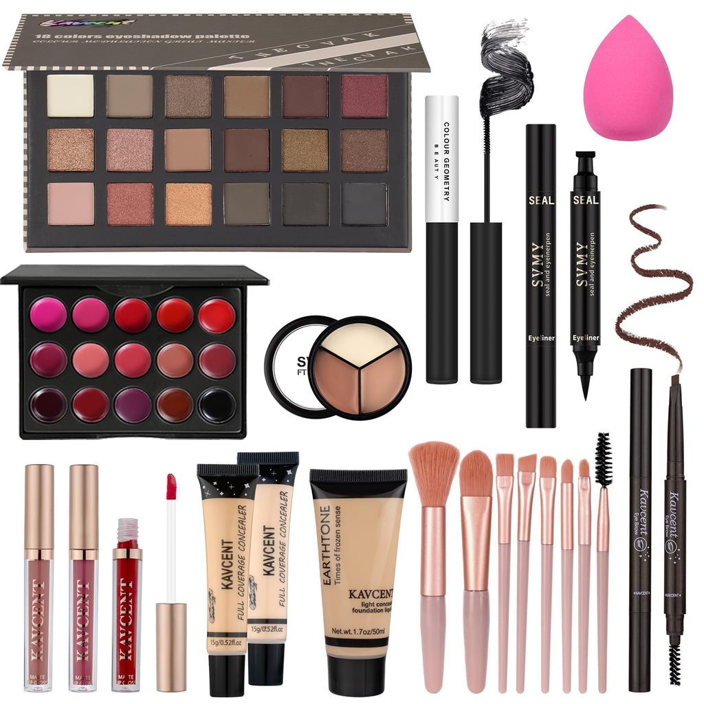 KAVCENT All-in-One Makeup Set for Women – Complete Starter Kit (Eyeshadow Palette, Lip Gloss, Foundation, Mascara)